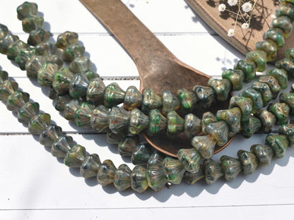 Old Stock Czech Glass Chunky Bell Flower Beads - Blended Green Travertine - 9x10mm - 28pcs - (3611)