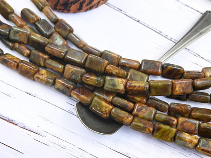 Czech Glass Old Stock Chiclet Rectangle Beads - Blue + White Travertine - 12x8mm - 16pcs - (846)