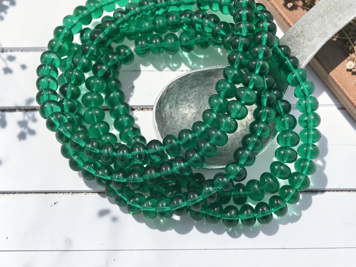 German Glass Smooth Disc Rondelle Spacer Beads - Transparent Emerald Green - 5x7mm - 42pcs - (1680)