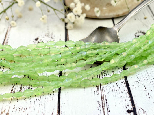 Old Stock Czech Glass Elongated Bicone Beads - Spring Green - 7x4mm - 27pcs - (2343)