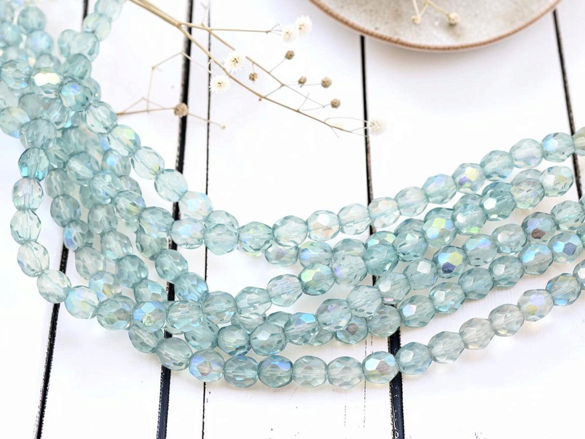 Old Stock Czech Glass Fire Polished Faceted Round Beads - Blue Luster - 7mm - 29pcs - (A223)