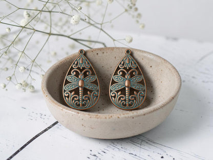 Metal Charms - Patina Charms - Dragonly Charms - Teardrop Charms - 37x23mm - 5pcs - (3969)