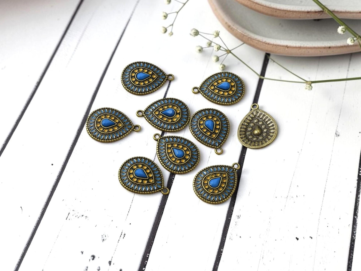 Metal Charms - Enamel Charms - Rhinestone Charms - Teardrop Charms - 25x19mm - 5pcs - (5079)