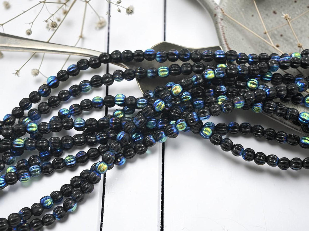 4mm Old Stock Czech Glass Round Melon Beads - Jet AB - 45pcs - (5553)
