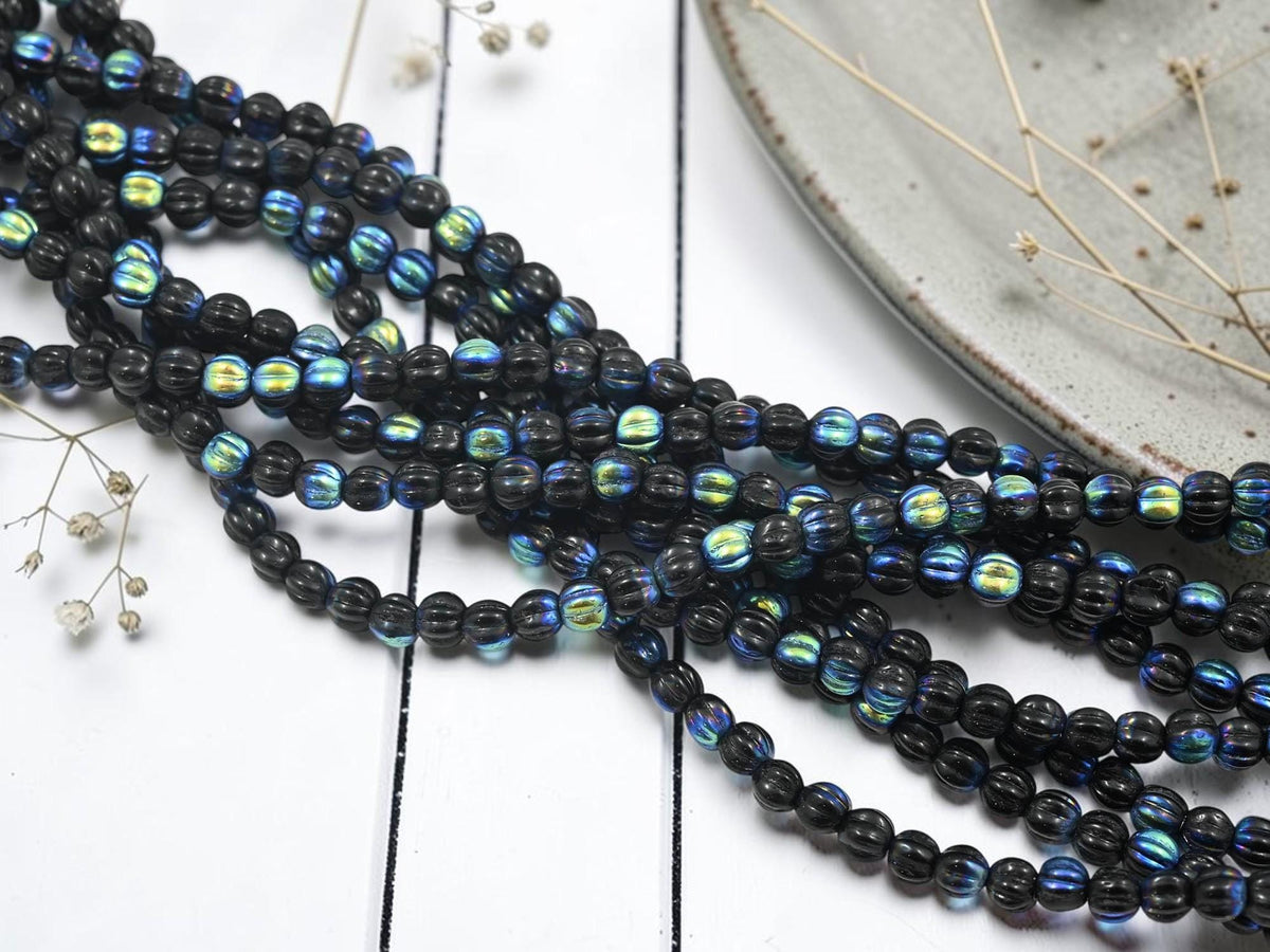 4mm Old Stock Czech Glass Round Melon Beads - Jet AB - 45pcs - (5553)