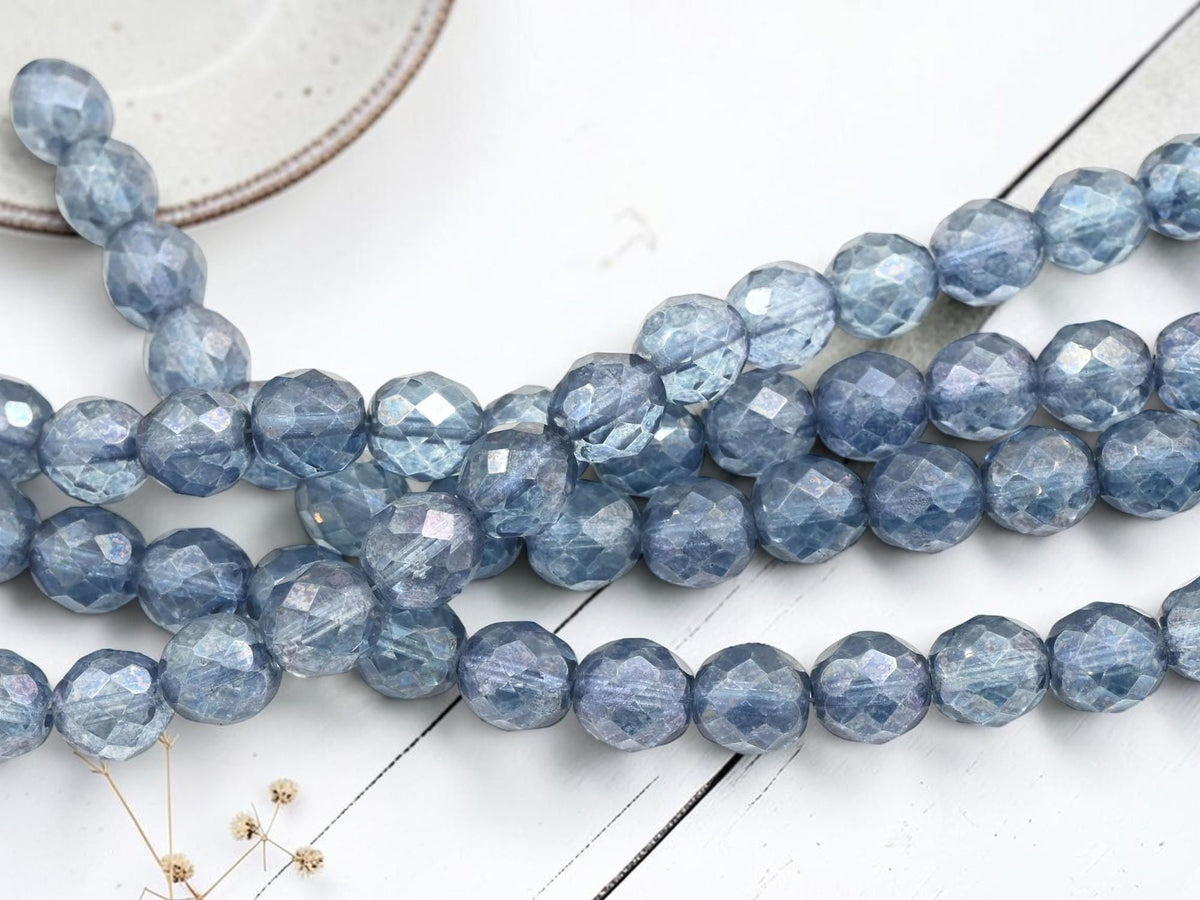 Old Stock Czech Glass Fire Polished Faceted Round Beads - Denim Blue Luster - 10mm Beads - 19pcs - (5473)