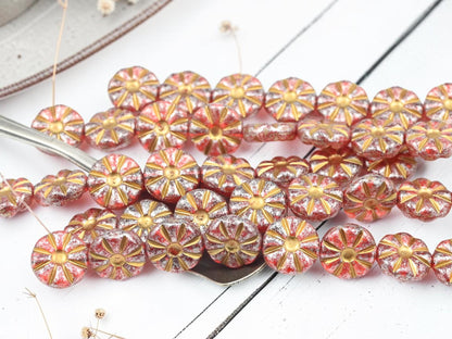 12mm Czech Glass Daisy Coin Flower Beads - Gold Washed Crimson - 8pcs - (5433)
