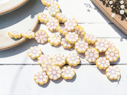12mm Czech Glass Daisy Coin Flower Beads - Pink Washed White Alabaster - 8pcs - (2796)