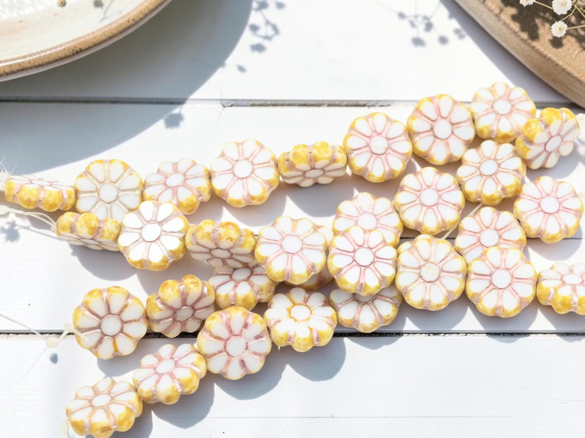 12mm Czech Glass Daisy Coin Flower Beads - Pink Washed White Alabaster - 8pcs - (2796)