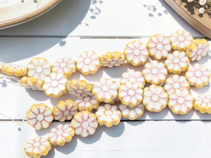 12mm Czech Glass Daisy Coin Flower Beads - Pink Washed White Alabaster - 8pcs - (2796)