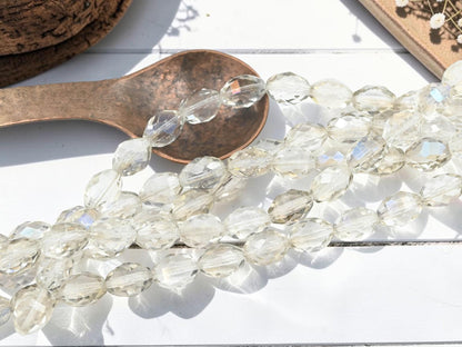 Old Stock Czech Glass Fire Polished Faceted Oval Beads - Crystal Shadow - 13x9mm - 15pcs - (3572)