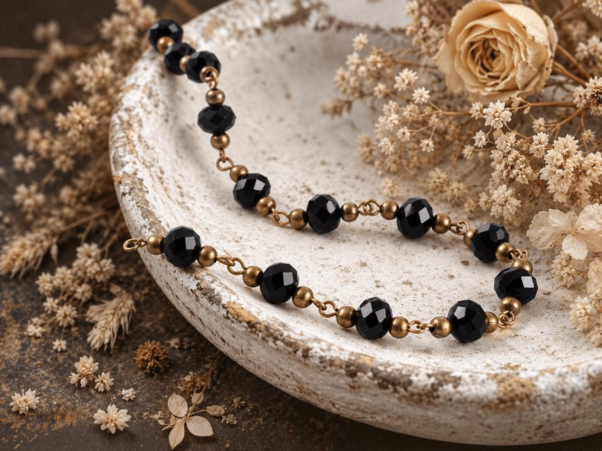 Beaded Chain - Fire Polished Beads - Bronze Chain - Handlinked Chain - 3.25ft - (5775)