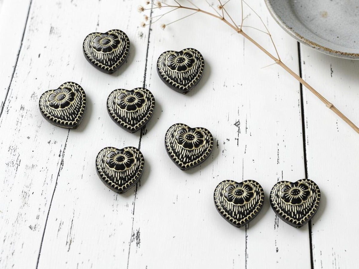 Gilded Crystal Jet Black Acrylic Heart Beads - Lightweight - 17x18x5mm - 10pcs - (A300)