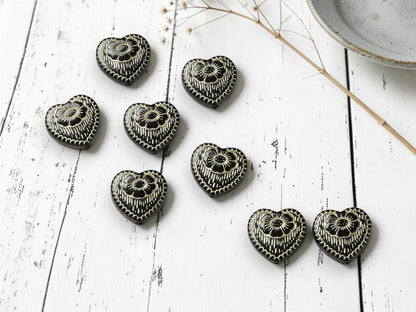 Gilded Crystal Jet Black Acrylic Heart Beads - Lightweight - 17x18x5mm - 10pcs - (A300)