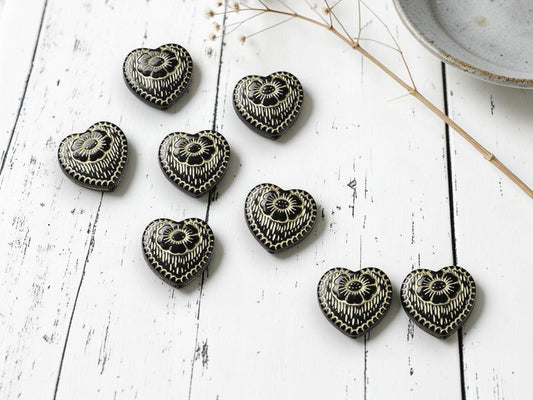 Gilded Crystal Jet Black Acrylic Heart Beads - Lightweight - 17x18x5mm - 10pcs - (A300)