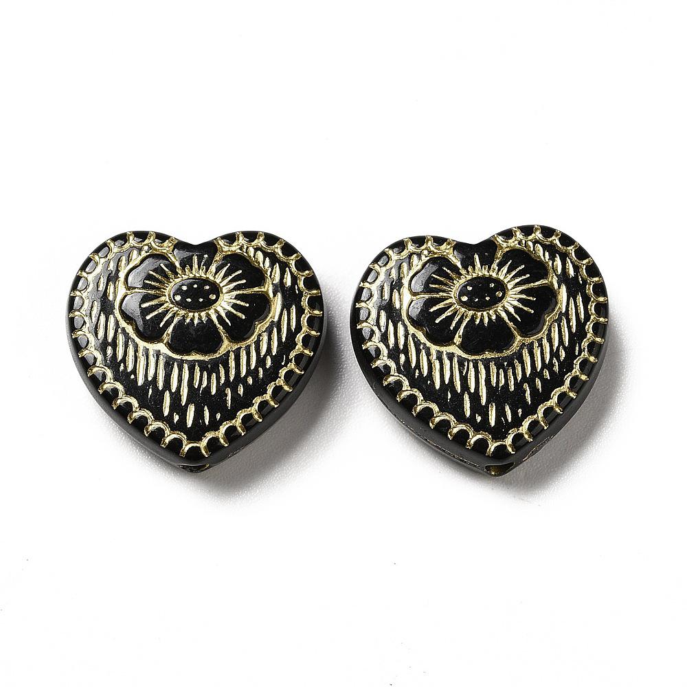 Gilded Crystal Jet Black Acrylic Heart Beads - Lightweight - 17x18x5mm - 10pcs - (A300)