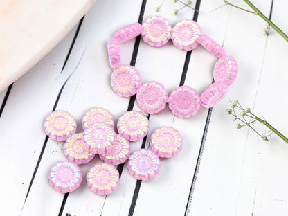 Czech Glass Sunflower Coin Beads - Pink Washed Pink Crystal AB - 13mm - 10pcs - (6114)