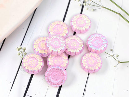 Czech Glass Sunflower Coin Beads - Pink Washed Pink Crystal AB - 13mm - 10pcs - (6114)