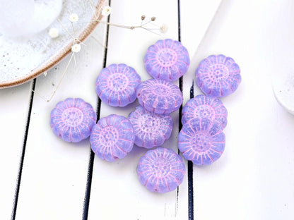 Czech Glass Sunflower Coin Beads - Pink Washed Matte Purple - 13mm - 10pcs - (3004)