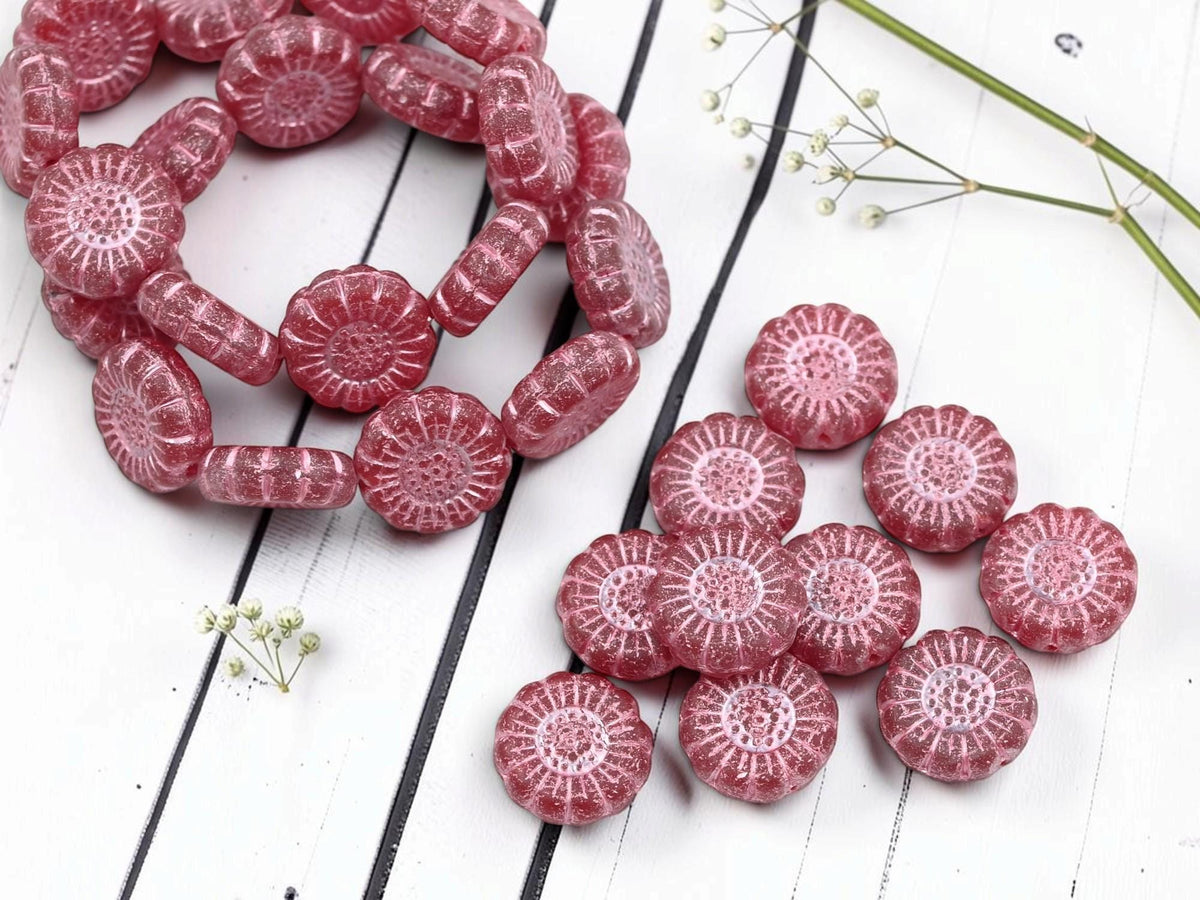 Czech Glass Sunflower Coin Beads - Pink Washed Matte Ruby Red - 13mm - 10pcs - (3439)