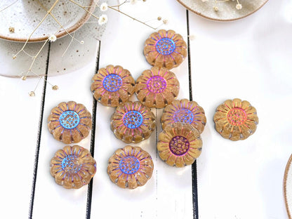 Czech Glass Sunflower Coin Beads - Metallic Volcano Washed Matte Jonquil - 13mm - 10pcs - (5816)