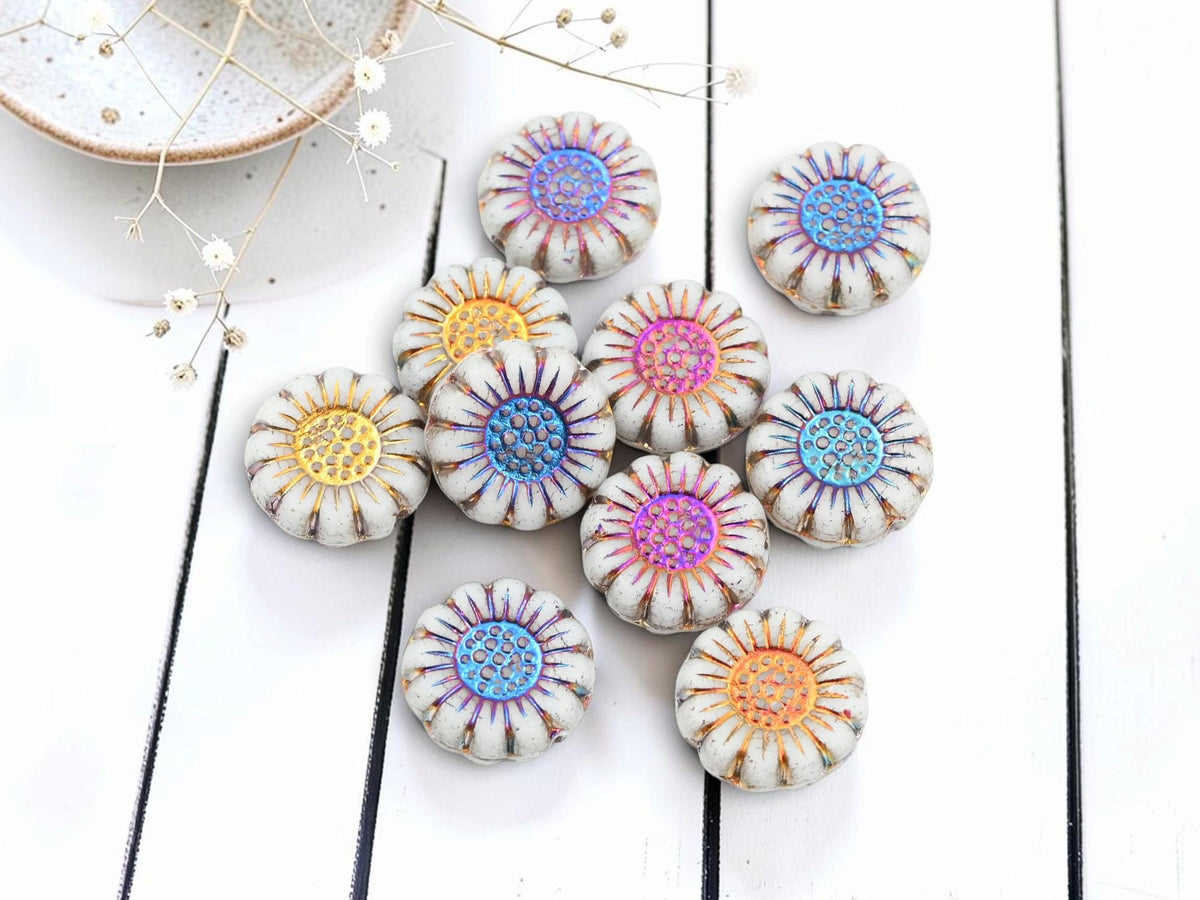 Czech Glass Sunflower Coin Beads - Metallic Volcano Washed Matte Alabasster - 13mm - 10pcs - (6182)