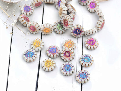 Czech Glass Sunflower Coin Beads - Metallic Volcano Washed Matte Alabasster - 13mm - 10pcs - (6182)