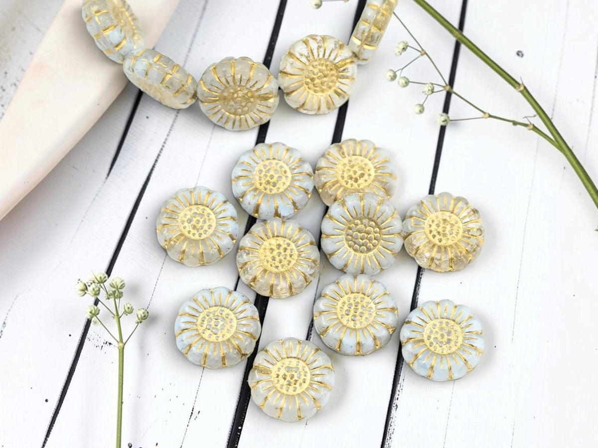 Czech Glass Sunflower Coin Beads - Gold Washed Milky Crystal - 13mm - 10pcs - (2648)