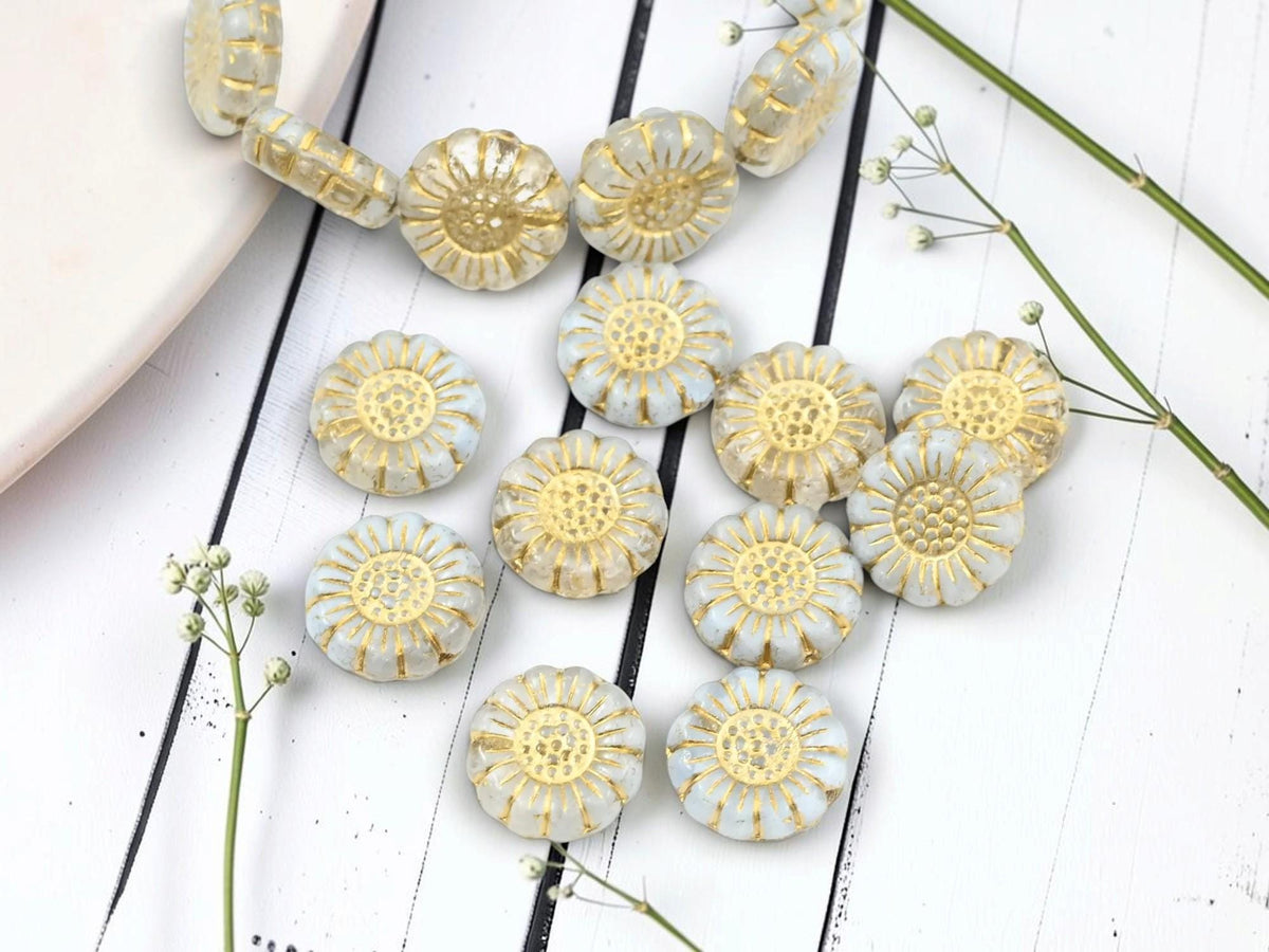 Czech Glass Sunflower Coin Beads - Gold Washed Milky Crystal - 13mm - 10pcs - (2648)