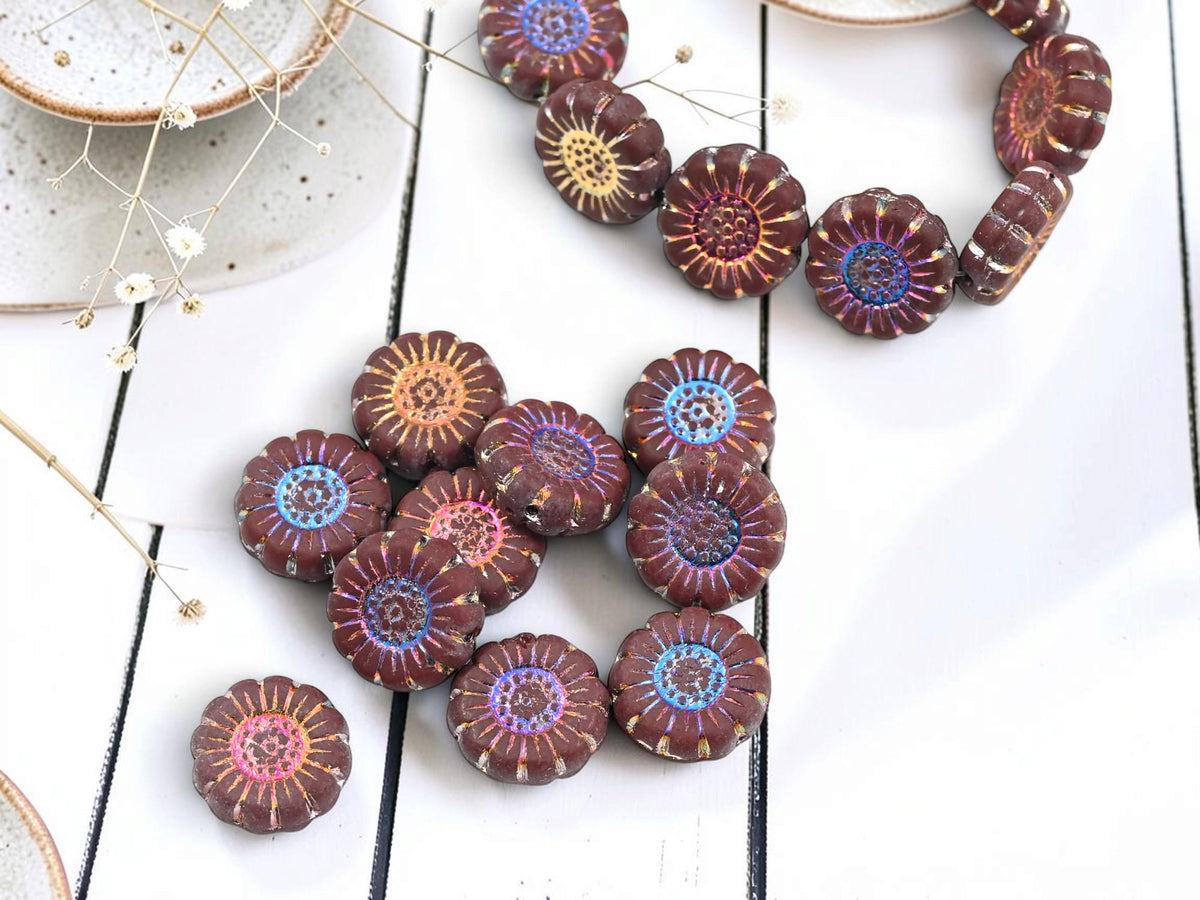 Czech Glass Sunflower Coin Beads - Metallic Volcano Washed Matte Maroon - 13mm - 10pcs - (4718)