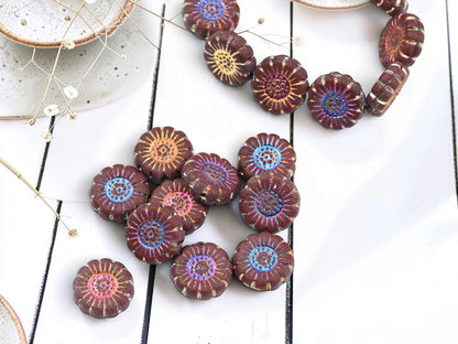 Czech Glass Sunflower Coin Beads - Metallic Volcano Washed Matte Maroon - 13mm - 10pcs - (4718)