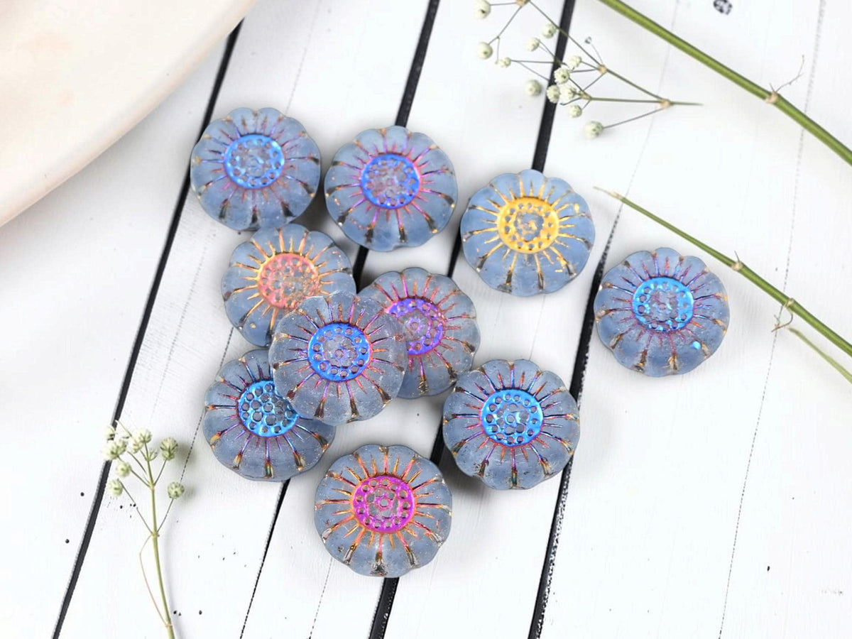 Czech Glass Sunflower Coin Beads - Metallic Volcano Washed Matte Slate Blue - 13mm - 10pcs - (2912)