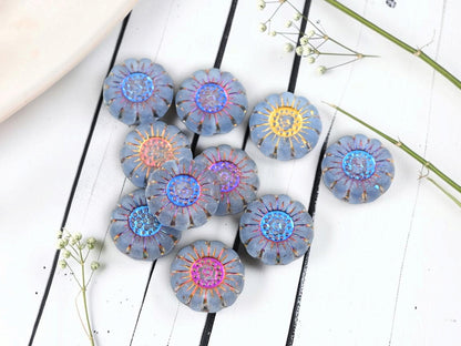 Czech Glass Sunflower Coin Beads - Metallic Volcano Washed Matte Slate Blue - 13mm - 10pcs - (2912)