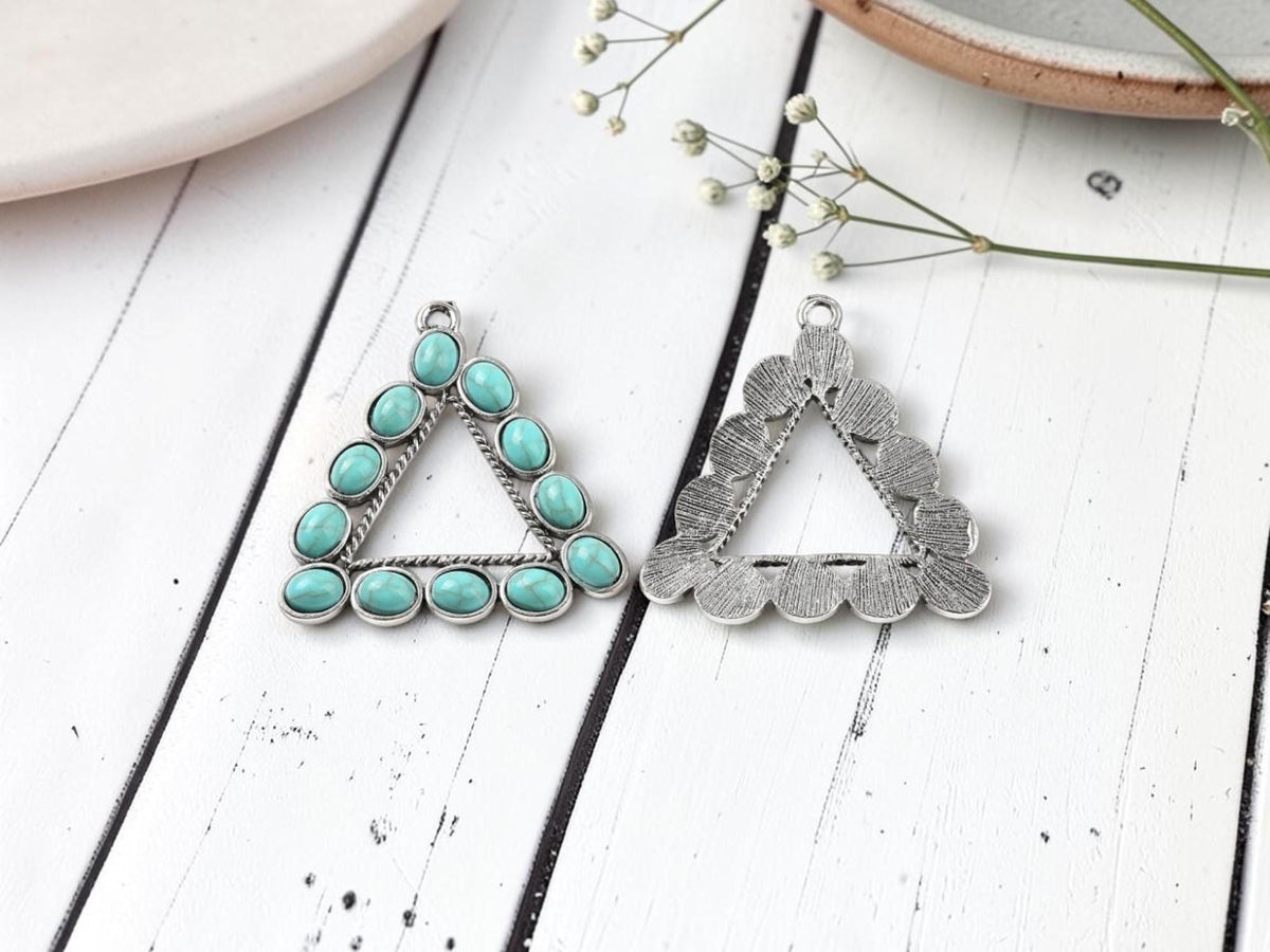 Antique Silver with Green Turquoise Triangle Pendant - 48mm - 1pcs - (4327)