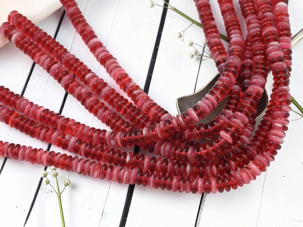 Czech Glass Smooth Disc Rondelle Beads - Cranberry Cream - 6x2mm - 8 inch Strand - (1647)