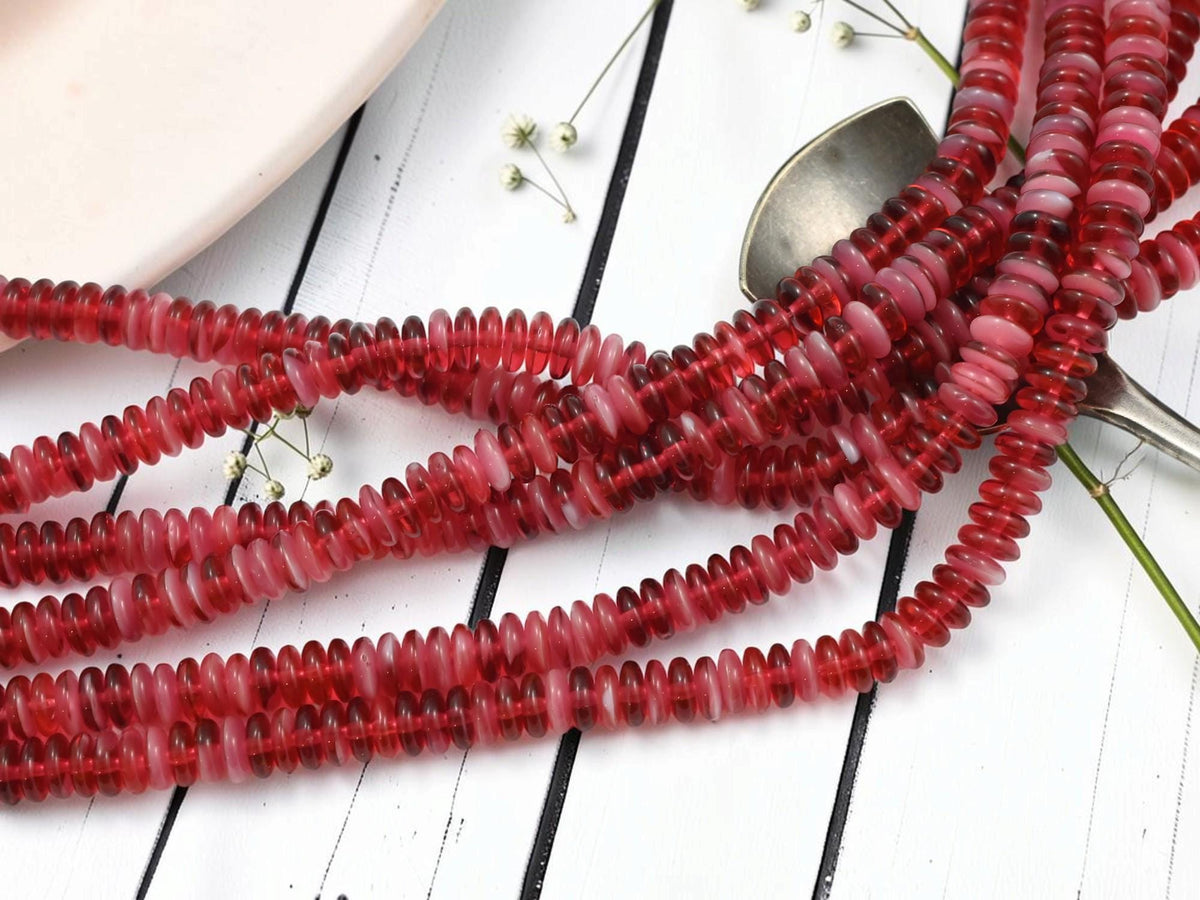 Czech Glass Smooth Disc Rondelle Beads - Cranberry Cream - 6x2mm - 8 inch Strand - (1647)