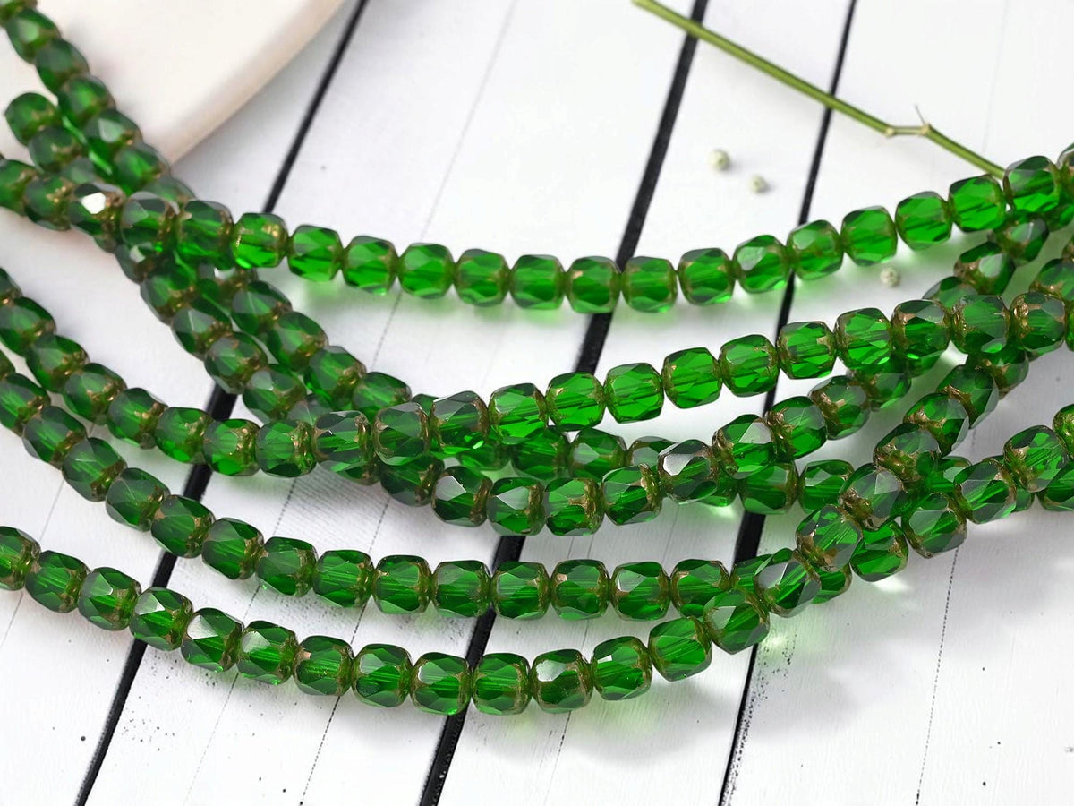 6mm Old Stock Czech Glass Fire Polished Faceted Cathedral Beads - Bronze Washed Emerald - 30pcs - (667)