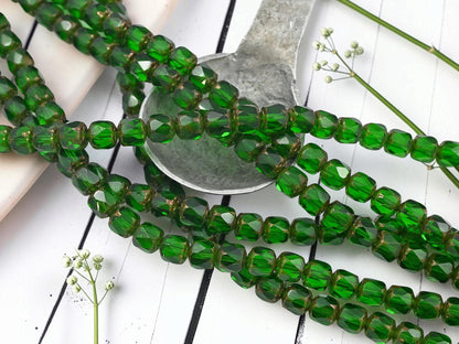 6mm Old Stock Czech Glass Fire Polished Faceted Cathedral Beads - Bronze Washed Emerald - 30pcs - (667)