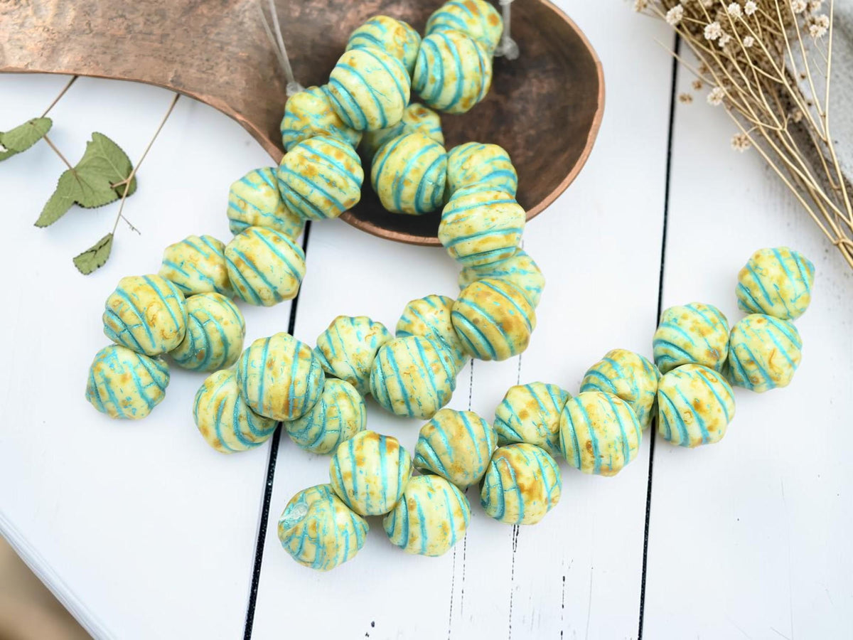 Czech Glass Top Drilled Round Shell Beads - Turquoise Washed Alabaster Picasso - 8mm - 12pcs - (B463)