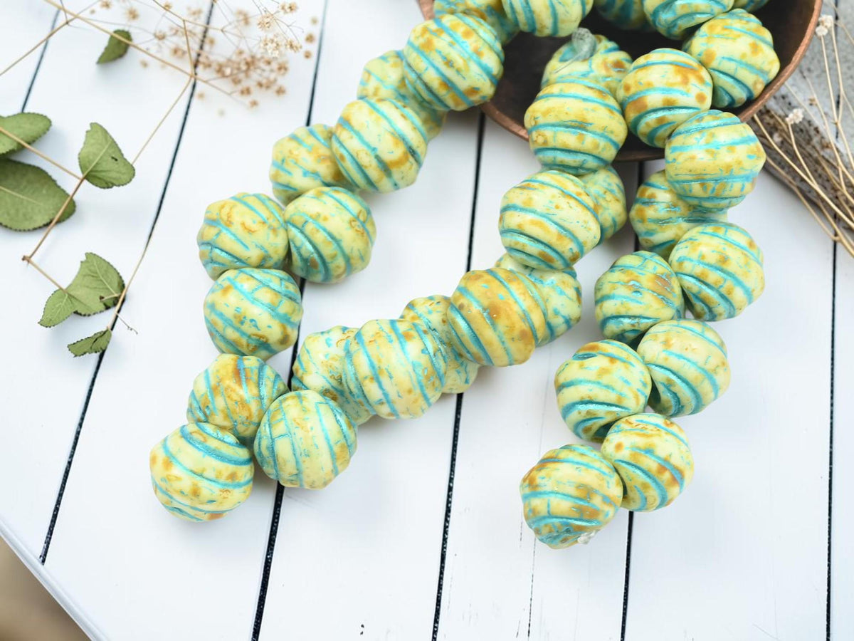 Czech Glass Top Drilled Round Shell Beads - Turquoise Washed Alabaster Picasso - 8mm - 12pcs - (B463)