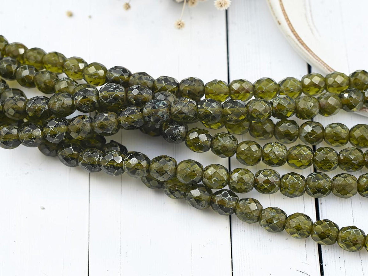 Old Stock Czech Glass Fire Polished Round Beads - Olive Green Travertine - 10mm - 21pcs - (B103)
