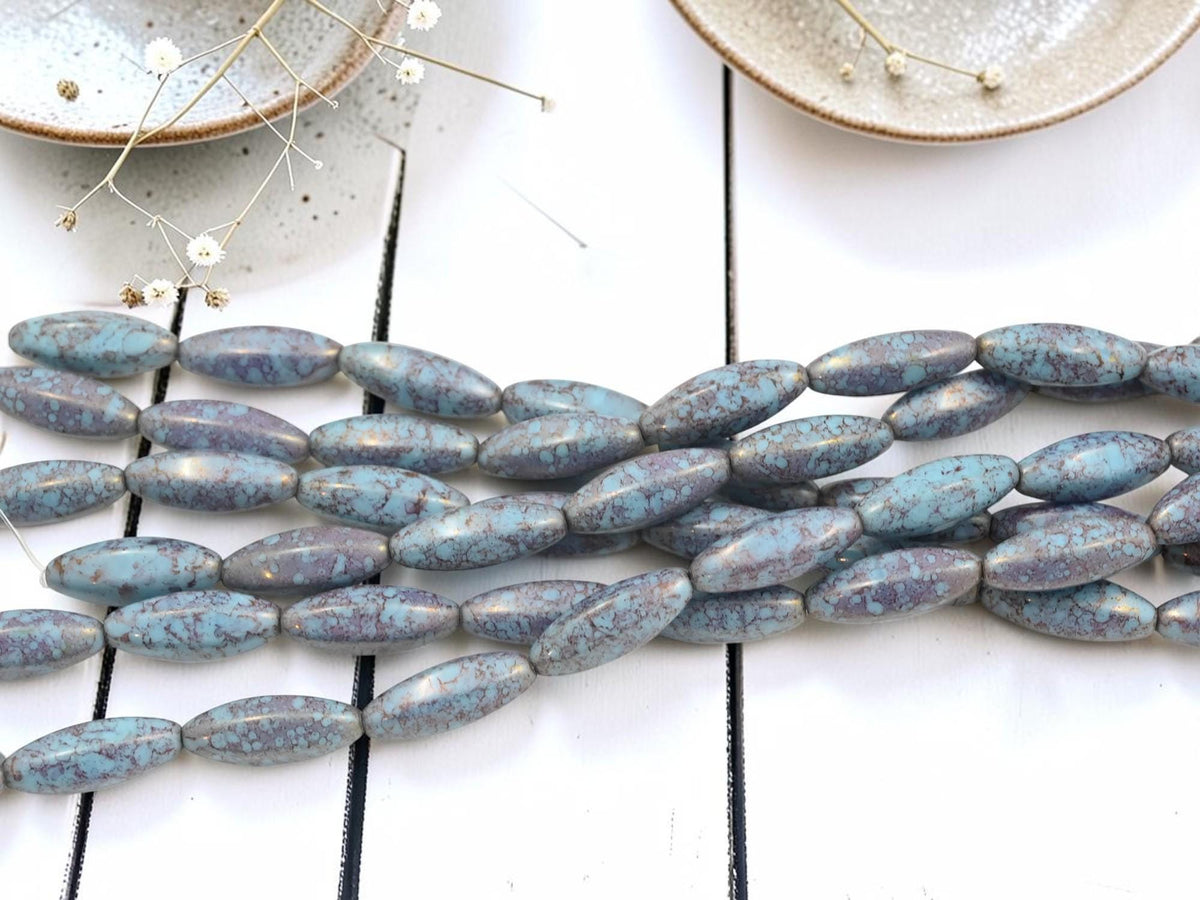 Czech Glass Elongated Oval Beads - Blue Raspberry Picasso - 18x8mm - 10pcs - (B615)
