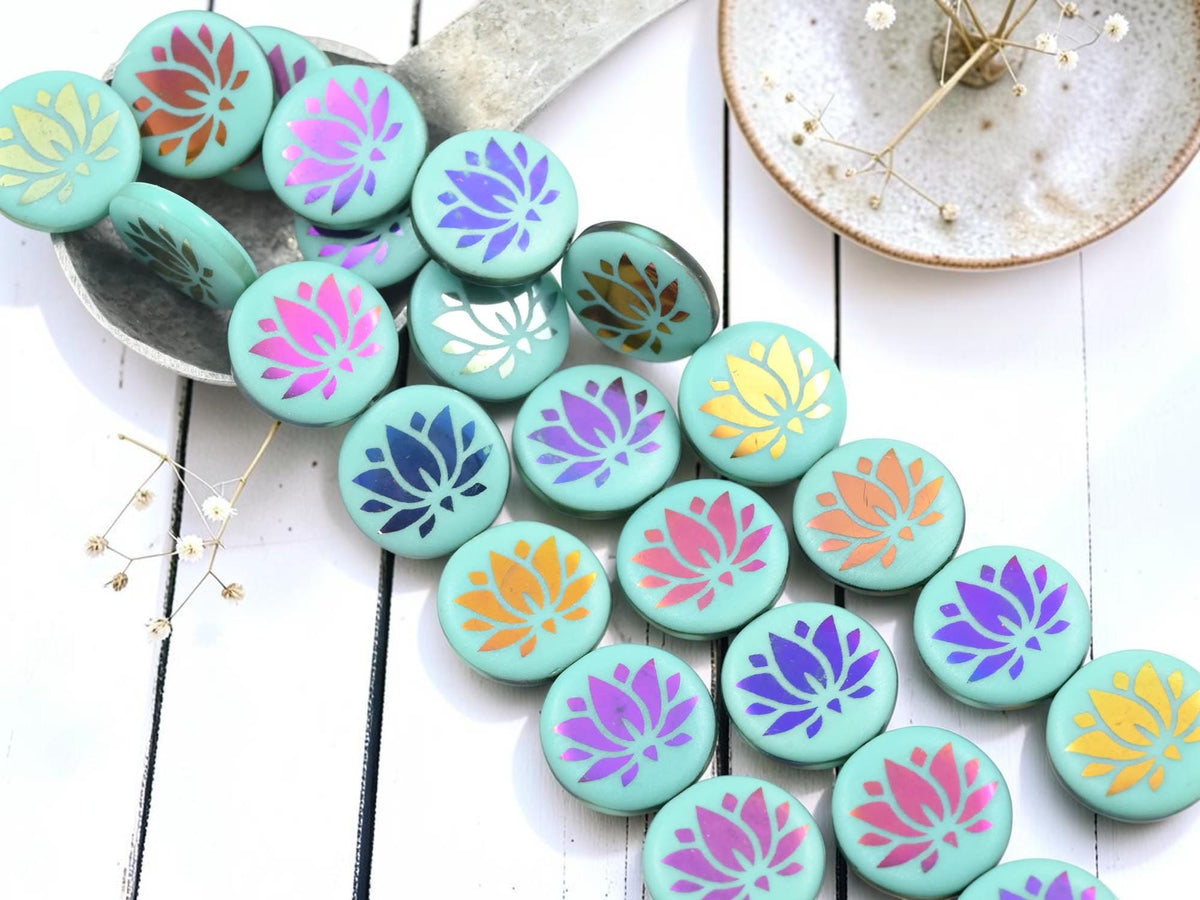 Czech Glass Laser Etched Lotus Flower Coin Beads - Turquoise Sliperit - 17mm - 8pcs - (3417)