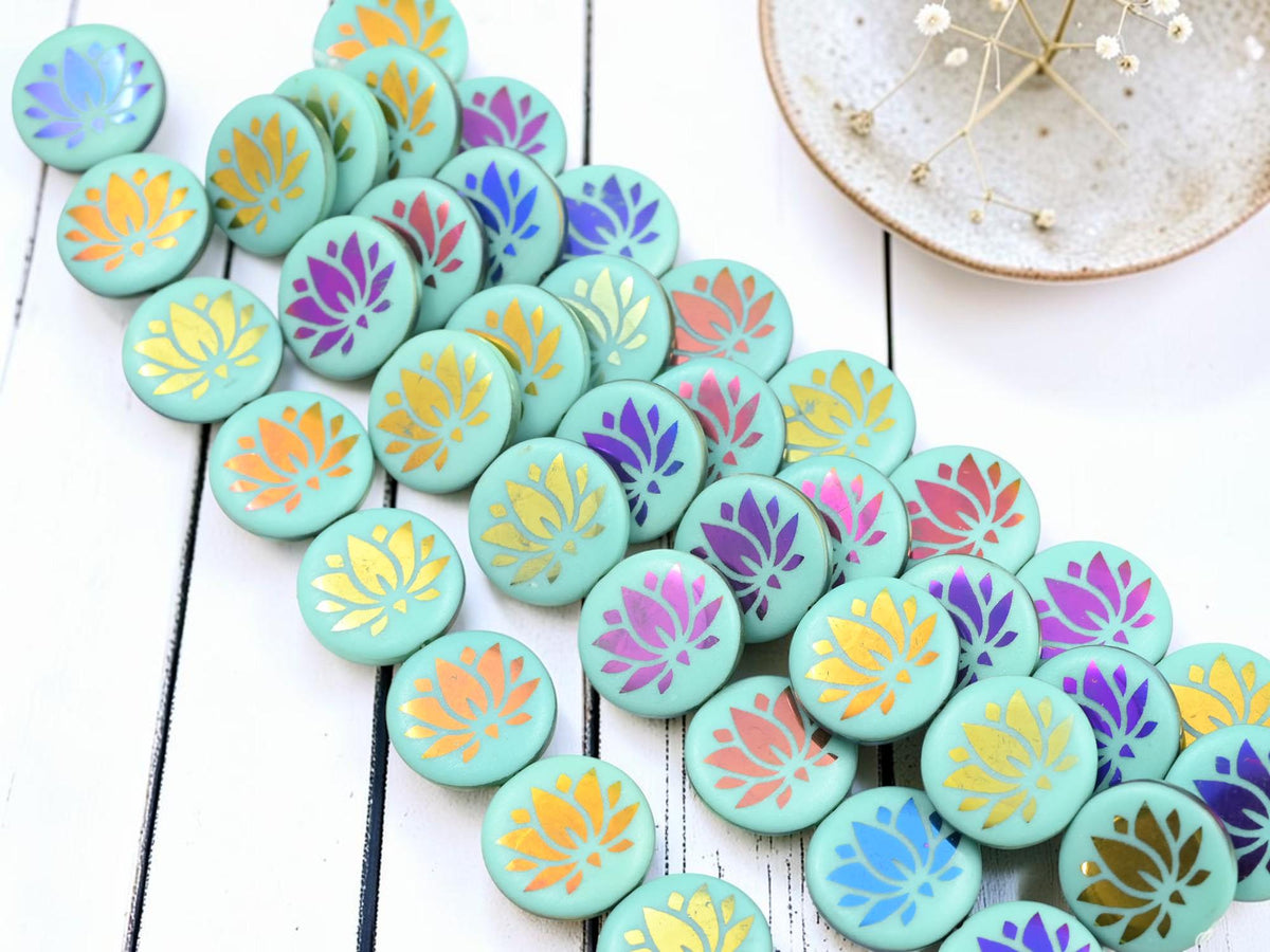 Czech Glass Laser Etched Lotus Flower Coin Beads - Turquoise Sliperit - 17mm - 8pcs - (3417)