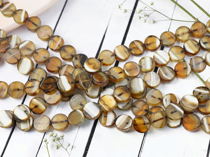 Old Stock Czech Glass Table Cut Coin Beads - Topaz + White Picasso - 11mm - 19pcs - (883)