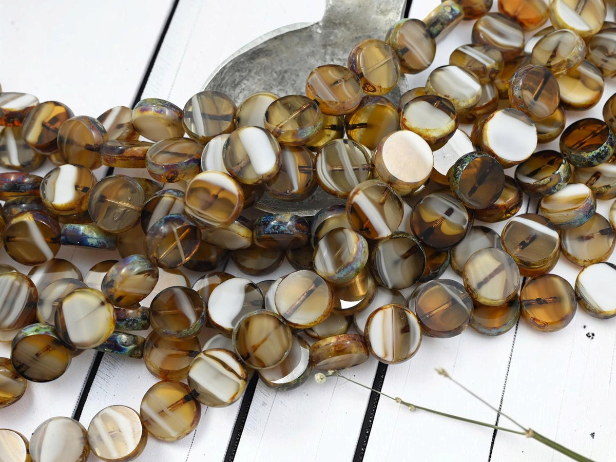 Old Stock Czech Glass Table Cut Coin Beads - Topaz + White Picasso - 11mm - 19pcs - (883)