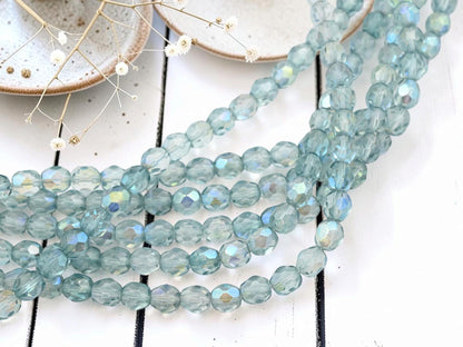 Old Stock Czech Glass Fire Polished Faceted Round Beads - Blue Luster - 7mm - 29pcs - (A223)