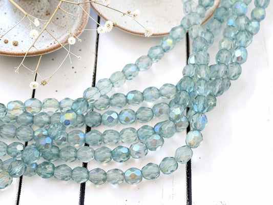 Old Stock Czech Glass Fire Polished Faceted Round Beads - Blue Luster - 7mm - 29pcs - (A223)