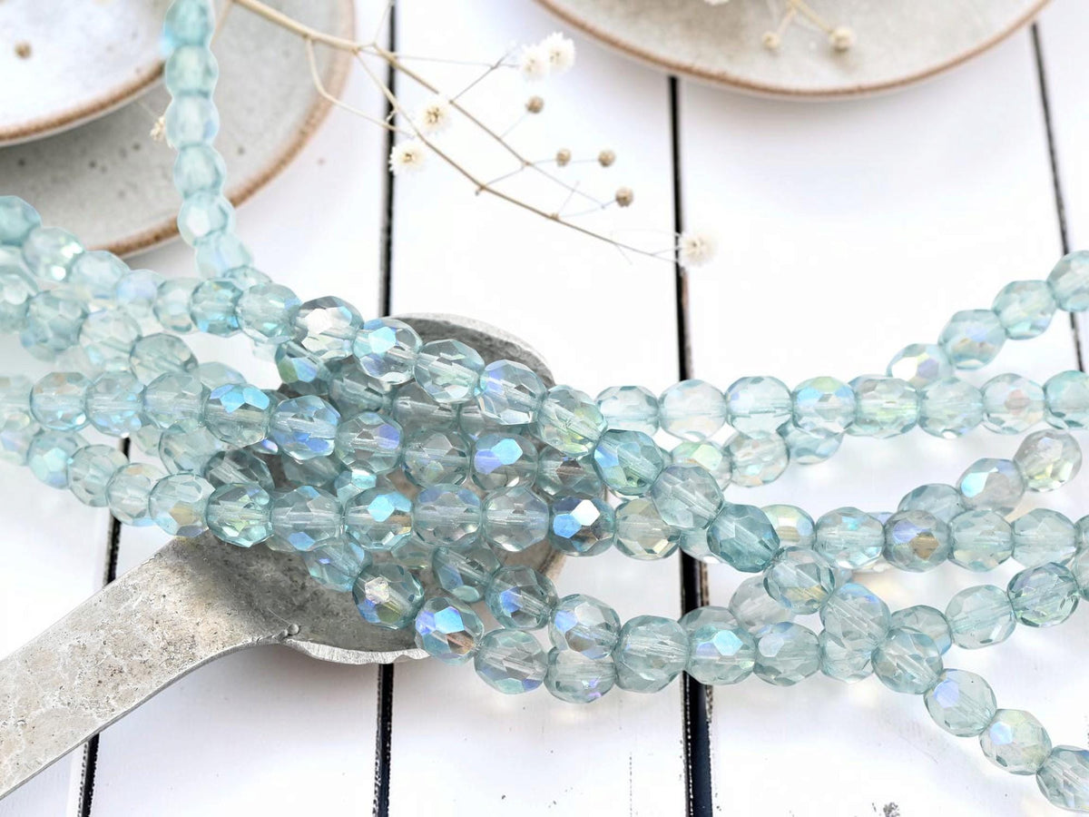 Old Stock Czech Glass Fire Polished Faceted Round Beads - Blue Luster - 7mm - 29pcs - (A223)