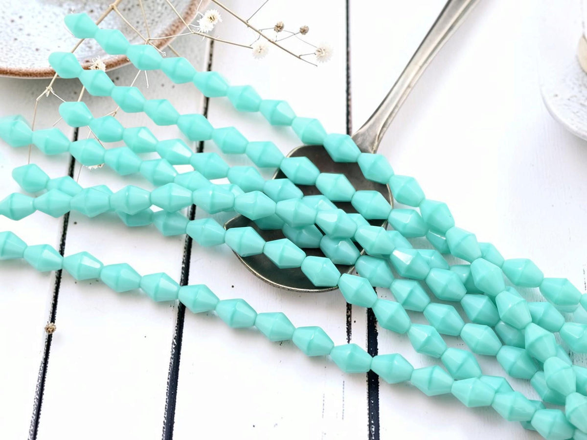 Old Stock Czech Glass Elongated Bicone Beads - Turquoise Silk - 6x8mm - 18pcs - (A200)